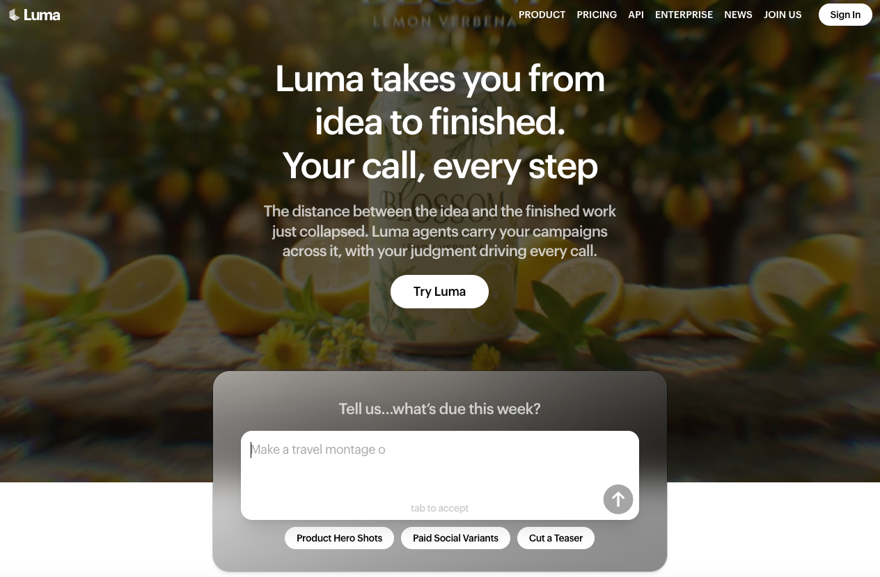 Explore the Luma interface, a top choice and Best AI Game Asset Generator for turning ideas into finished game visuals.