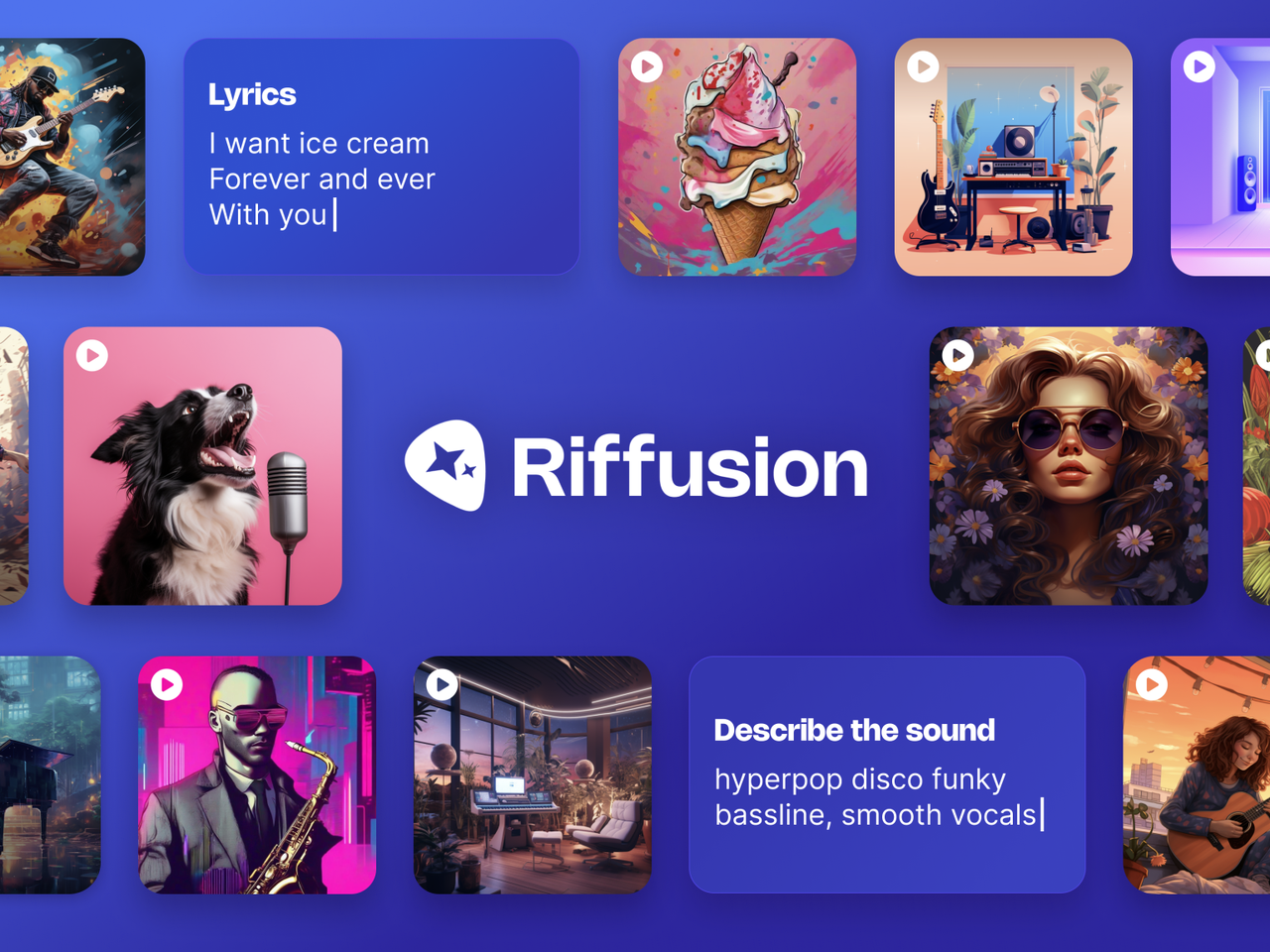 Explore diverse music types for riffusion or suno by using custom prompts and lyrics in the Riffusion dashboard.