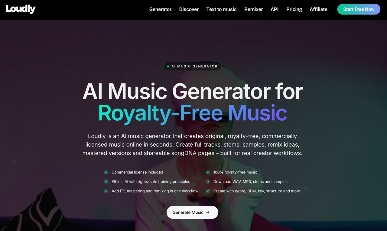 This loudly ai music generator review highlights the main homepage, showcasing its royalty-free music creation tools.