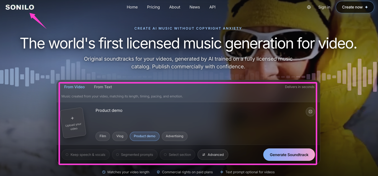 The Sonilo website interface showing an AI tool to automatically add audio fade out to video.