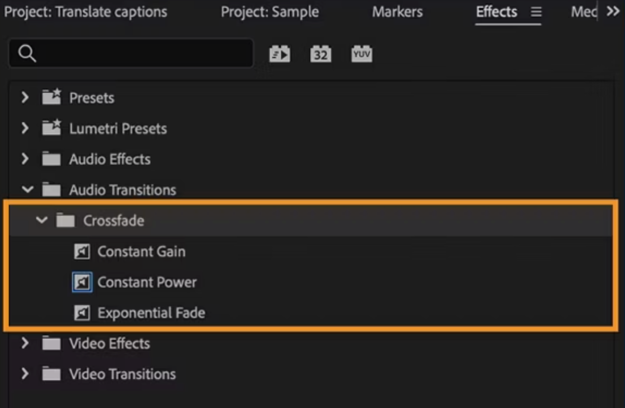 Locate crossfade transitions in the effects panel to create a premiere music fade out for smooth audio endings.