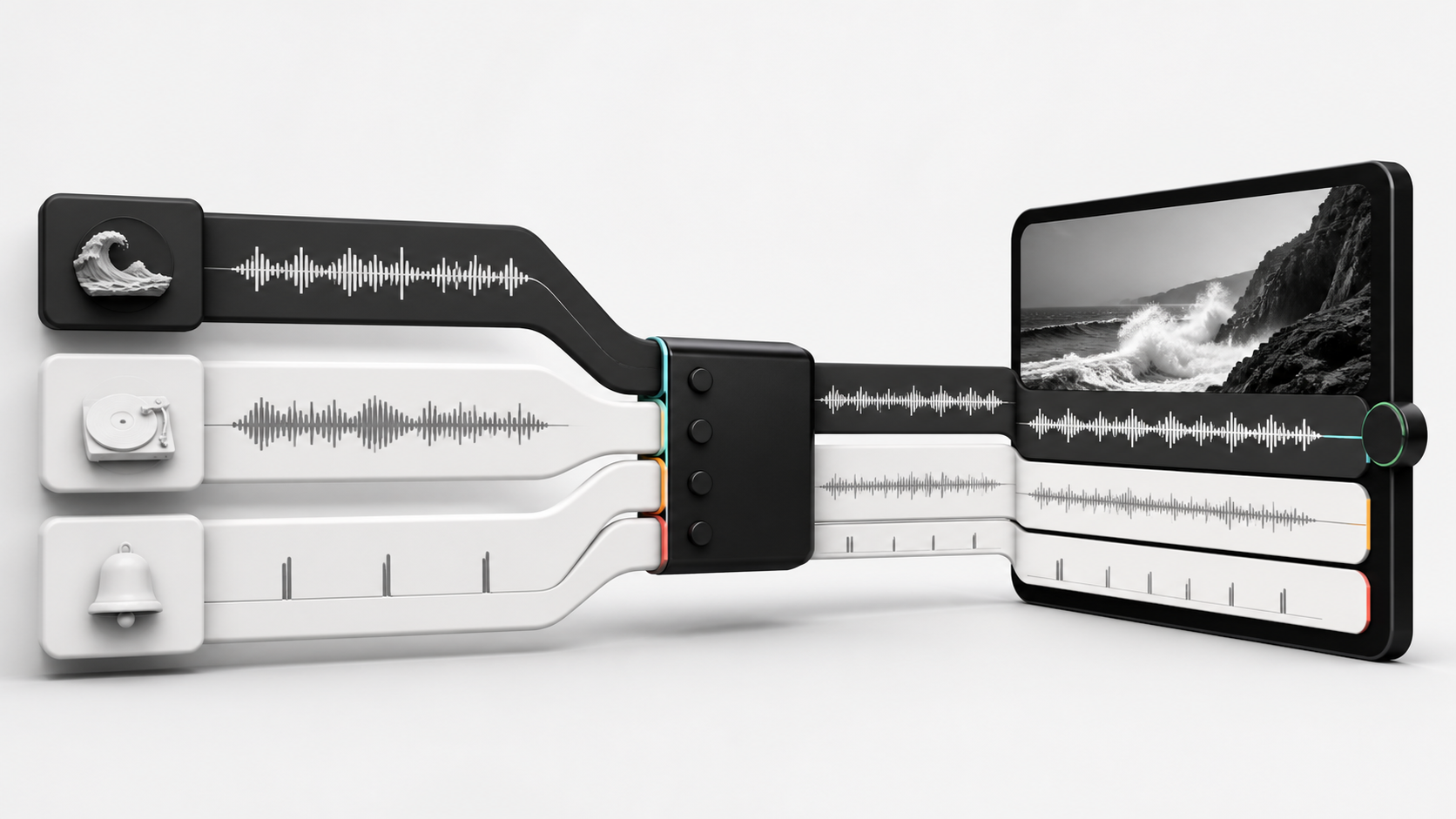 Three distinct audio lanes for original sound, music, and sound effects merging into one finished video frame