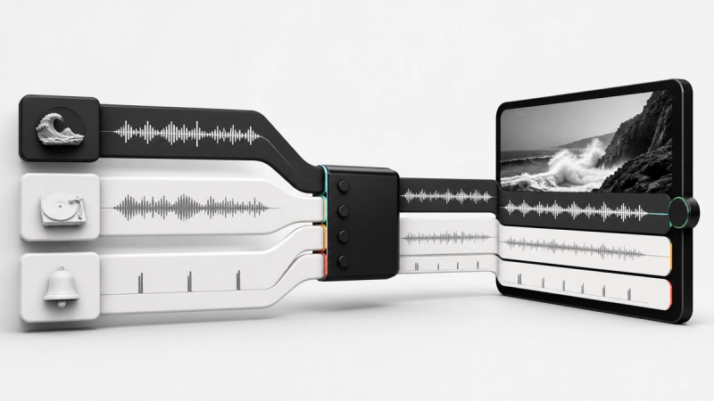 Three distinct audio lanes for original sound, music, and sound effects merging into one finished video frame