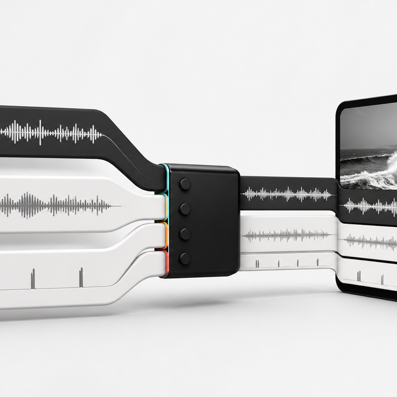 Three distinct audio lanes for original sound, music, and sound effects merging into one finished video frame