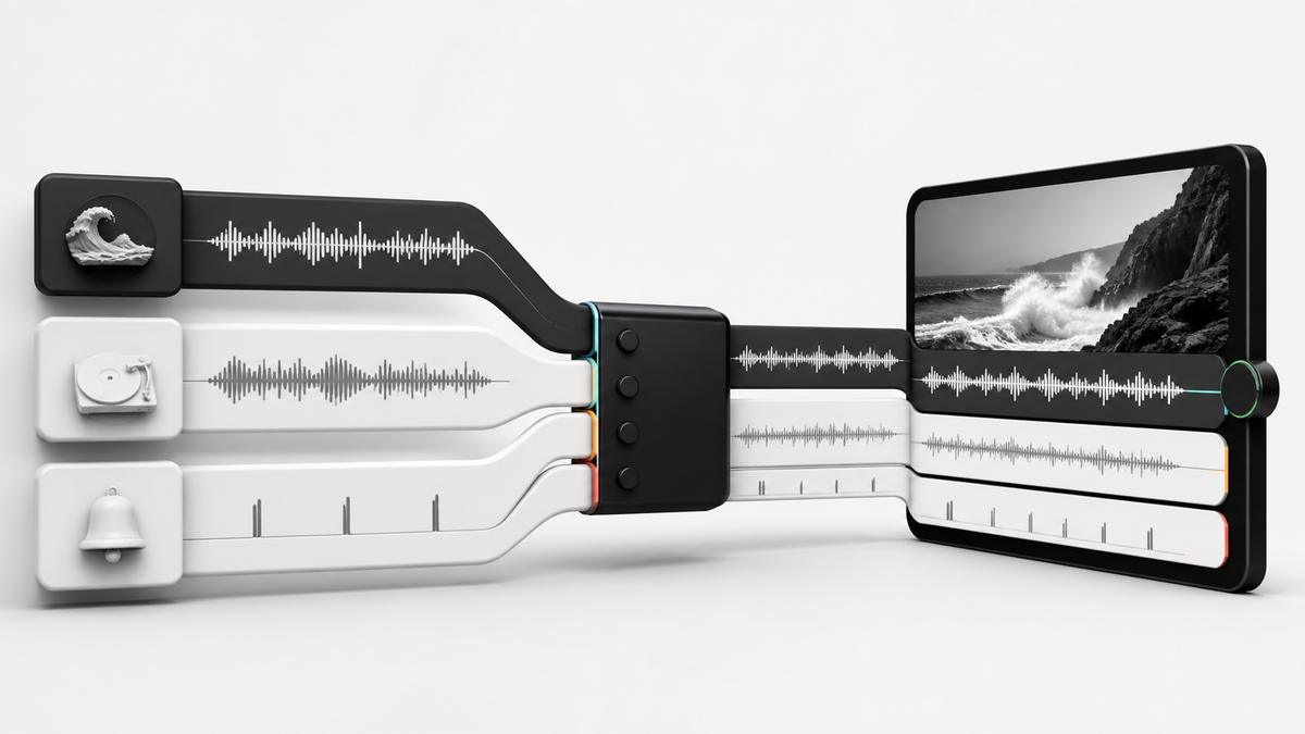 Three distinct audio lanes for original sound, music, and sound effects merging into one finished video frame