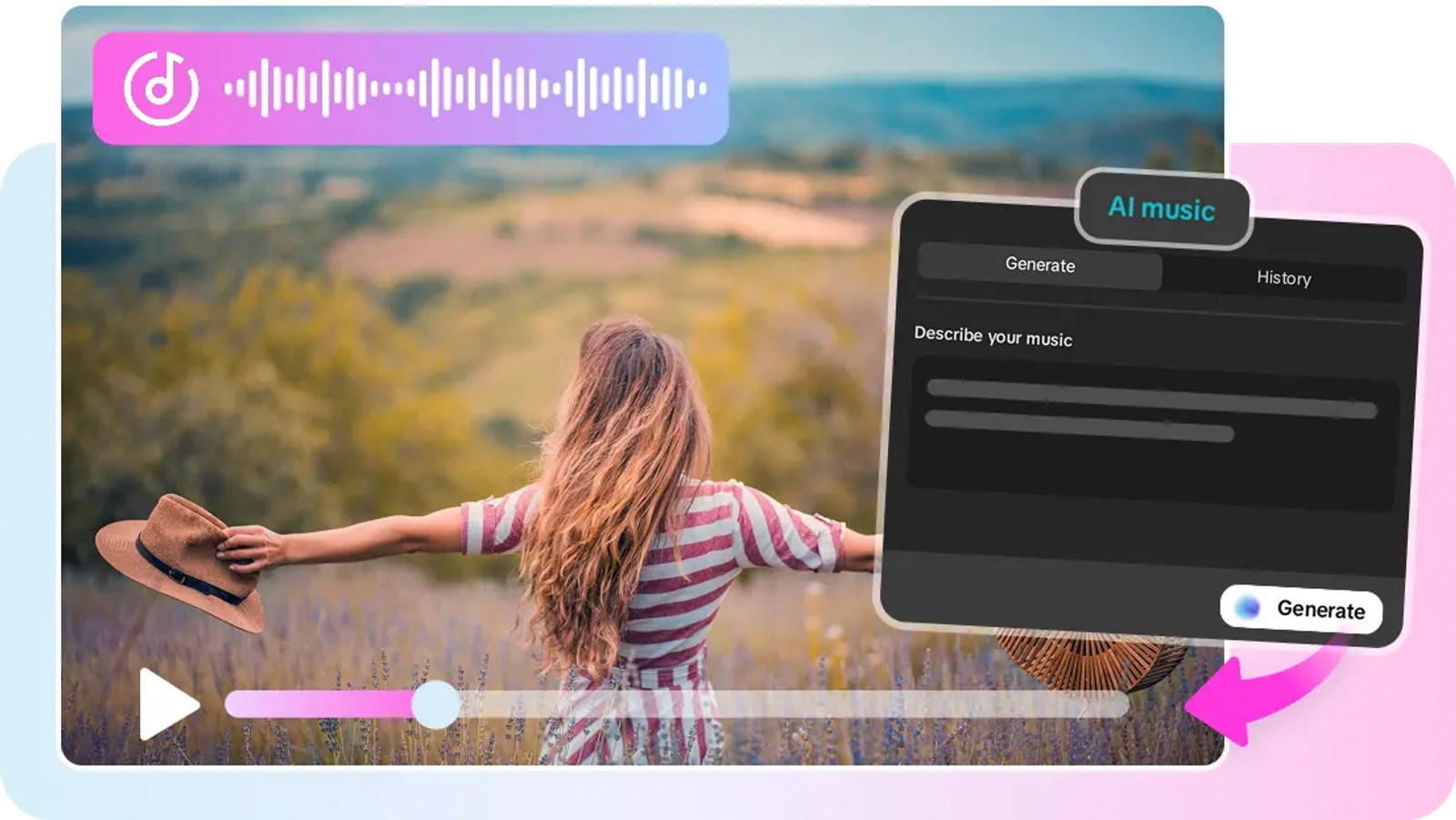 Video editing UI with audio generator overlay from the best ai music generation apps 2027 selection.