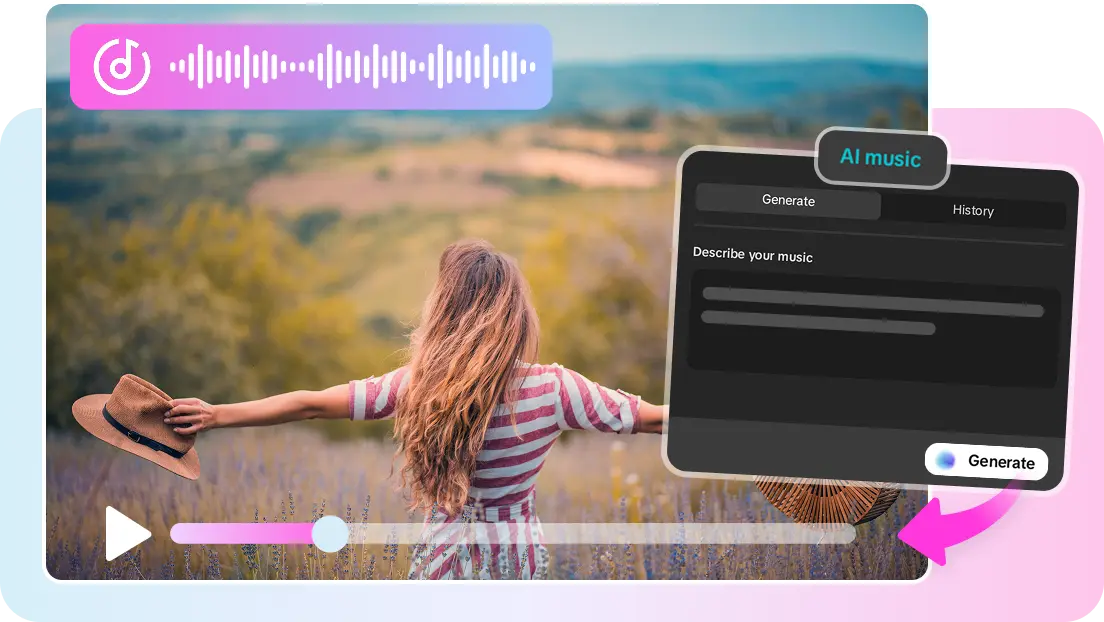 Video editing UI with audio generator overlay from the best ai music generation apps 2027 selection.