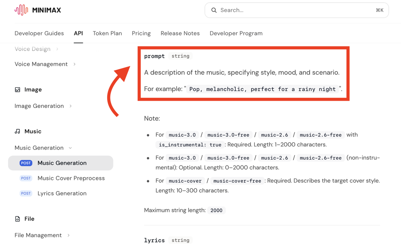 Screenshot of MiniMax API documentation highlighting the prompt string parameter for music generation, showing model options like music-3.0 and prompt structure examples.