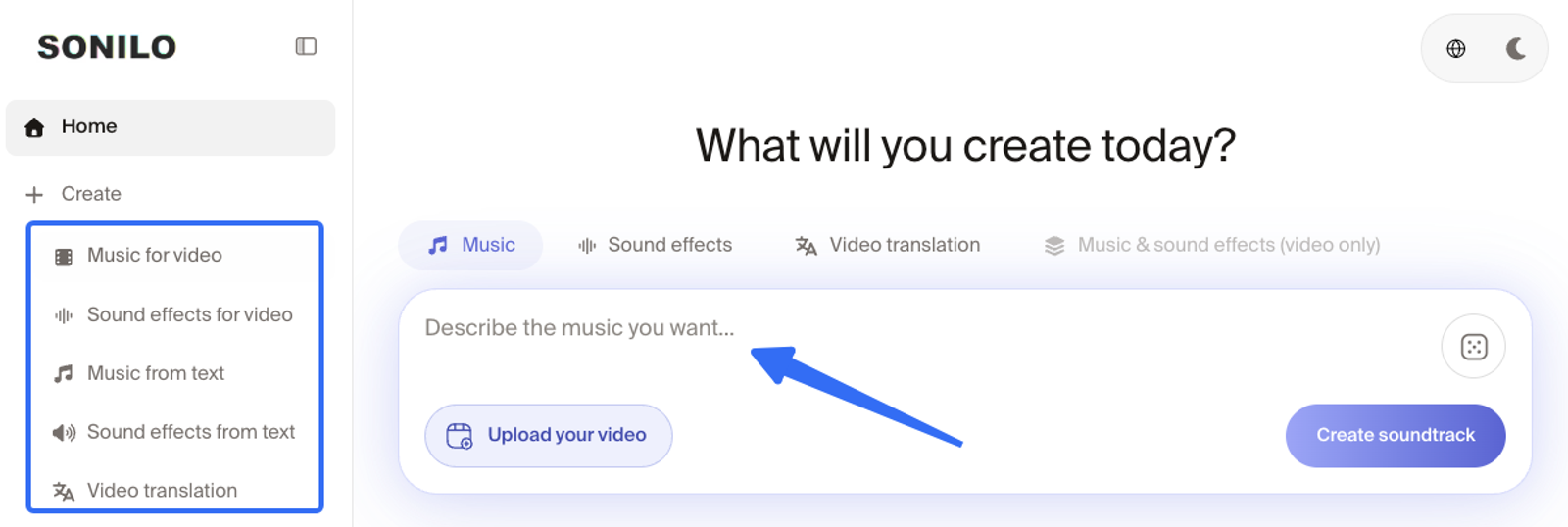 Sonilo app interface showing what is AI generated music through text prompt generation.