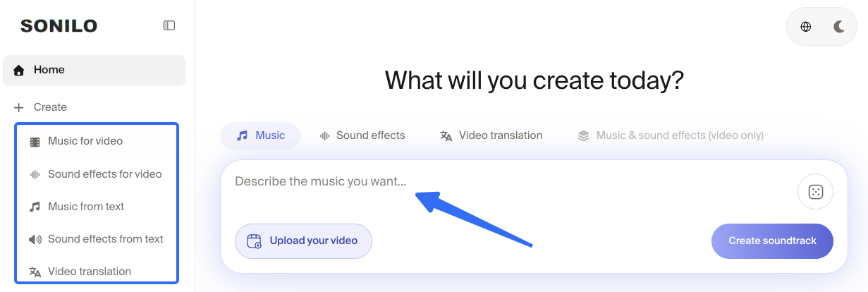 Sonilo app interface showing what is AI generated music through text prompt generation.
