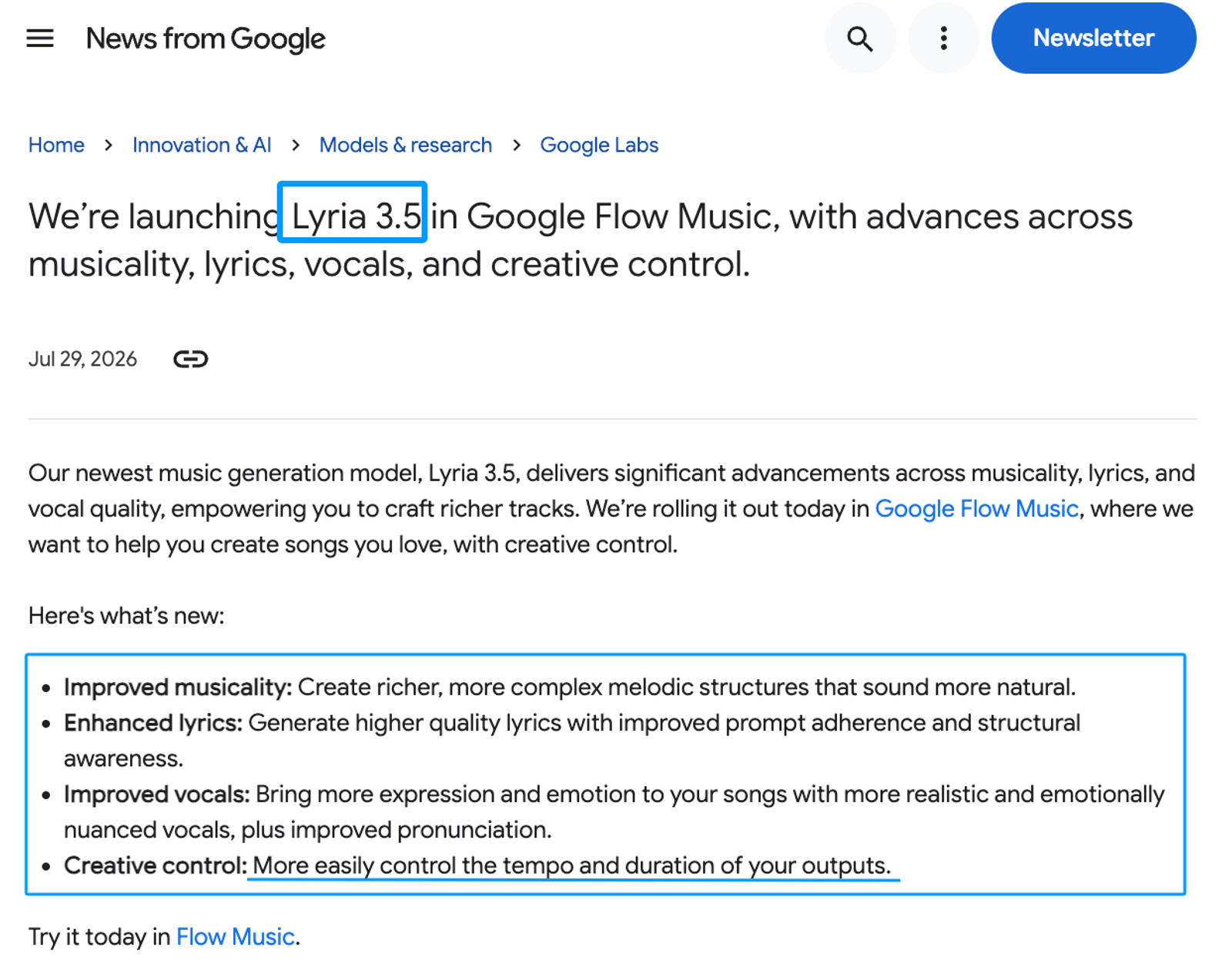 Read the Google News launch announcement for Lyria 3.5 Flow Music, featuring improved vocals and lyrics.
