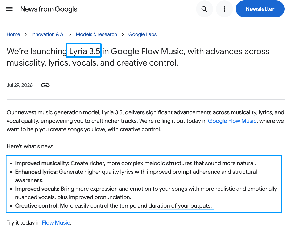 Read the Google News launch announcement for Lyria 3.5 Flow Music, featuring improved vocals and lyrics.