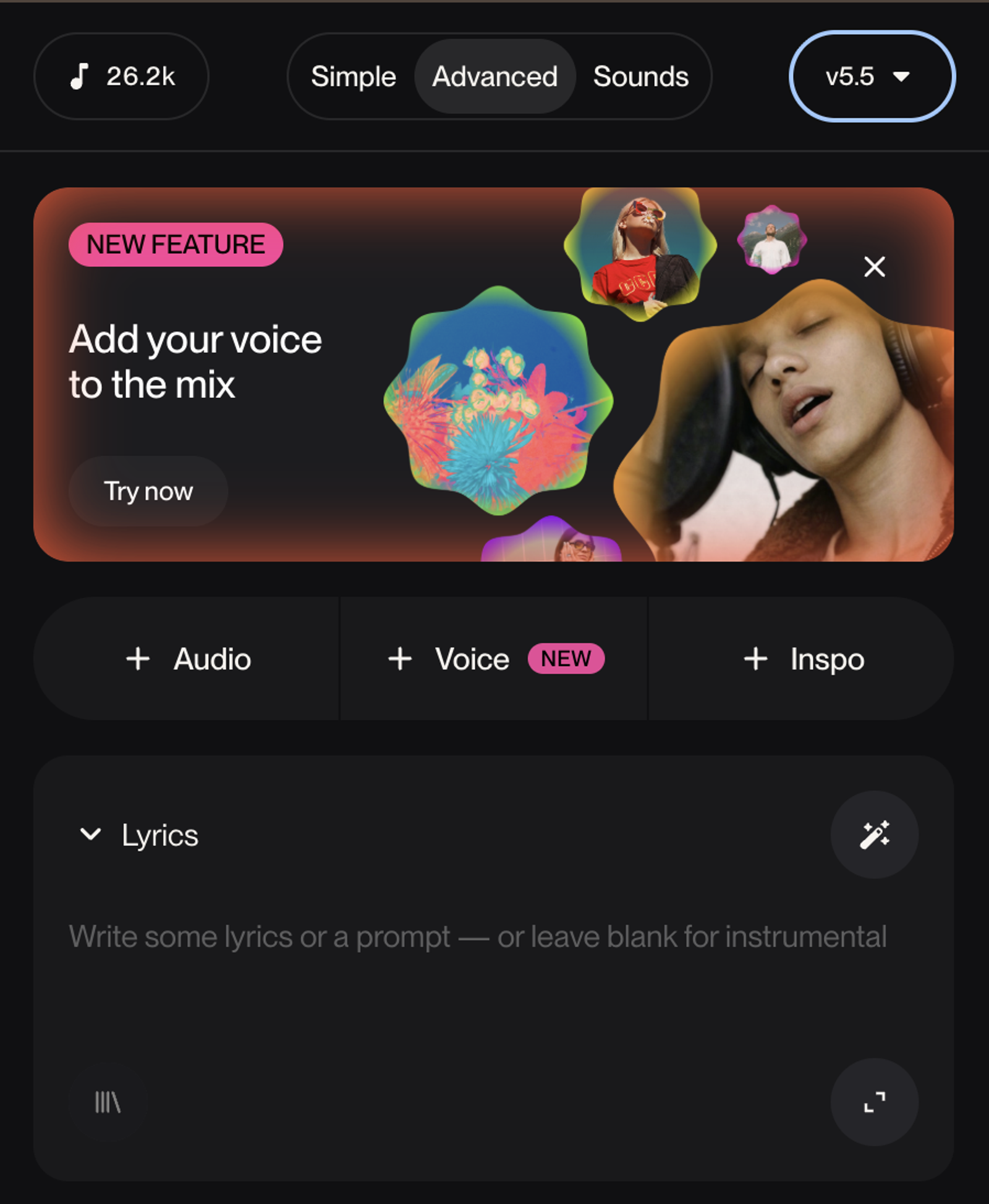 Interface do Suno mostrando a novidade de adicionar voz própria integrada aos Modelos Personalizados do Suno v5.5.