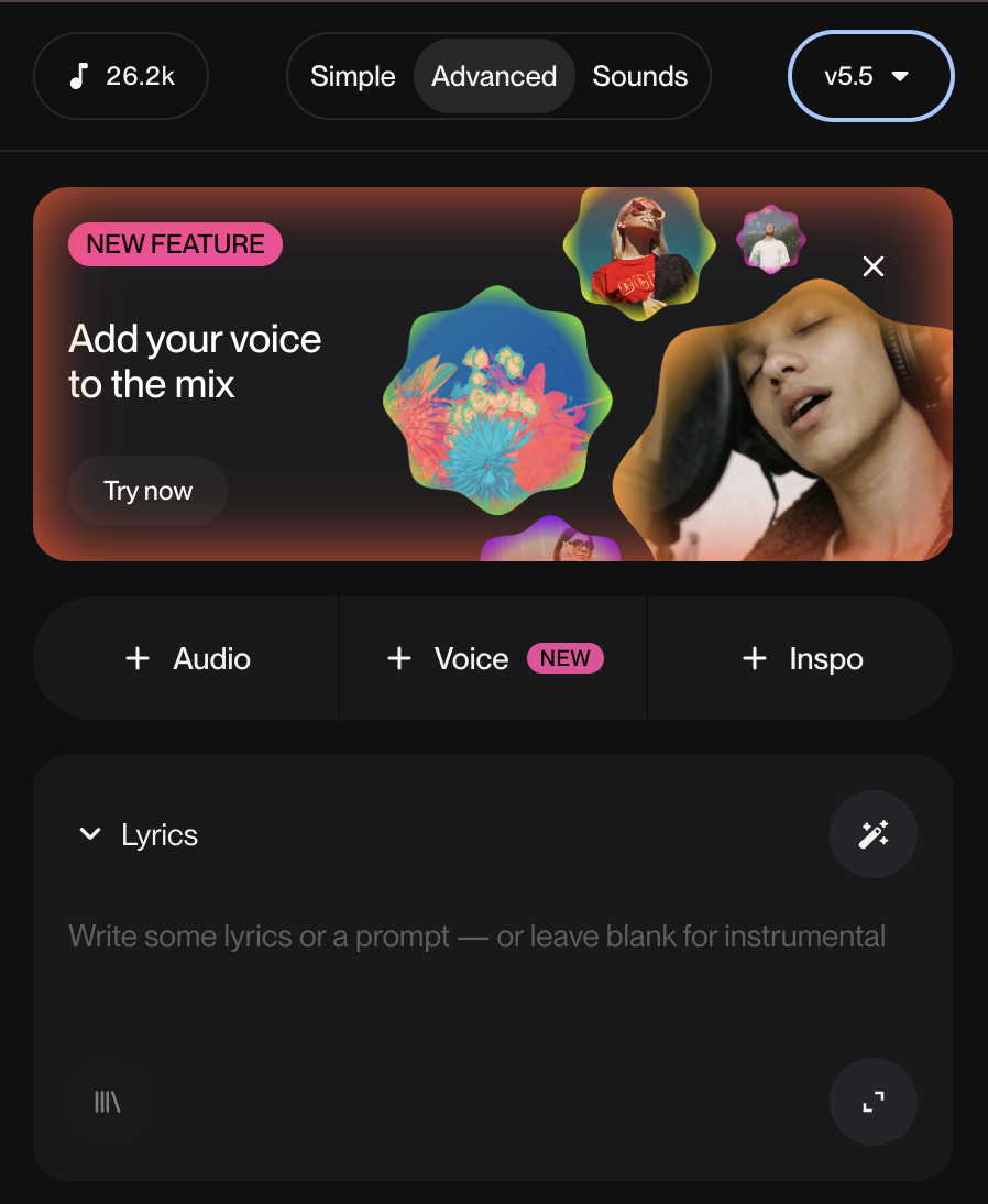 Interface do Suno mostrando a novidade de adicionar voz própria integrada aos Modelos Personalizados do Suno v5.5.