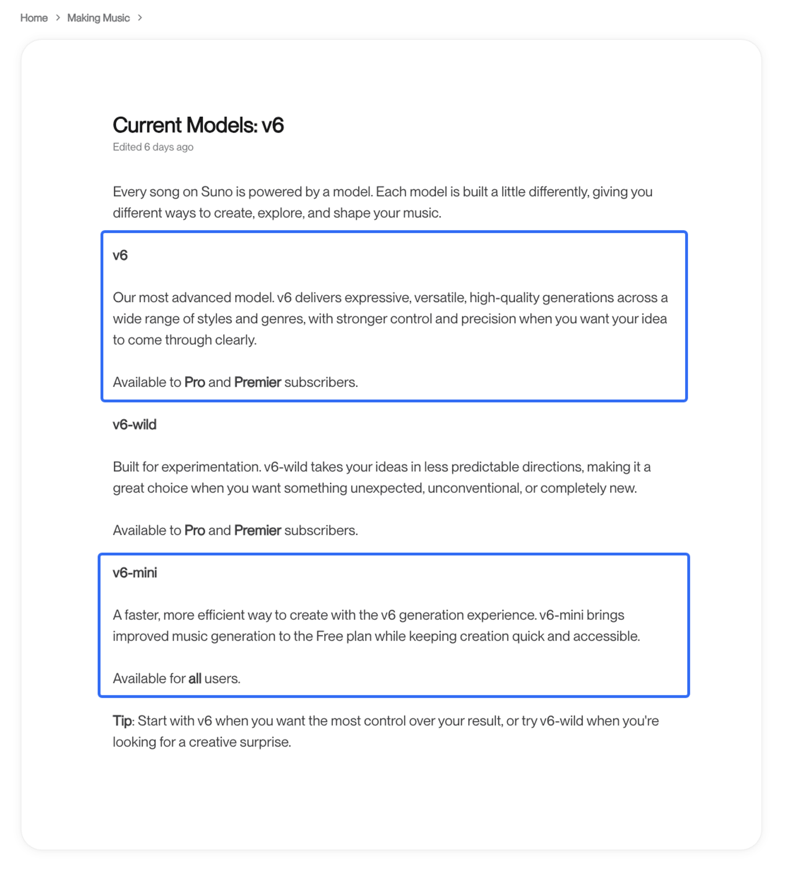 Screenshot of Suno help center explaining suno v6 vs v6 mini models, including v6-wild and their availability.