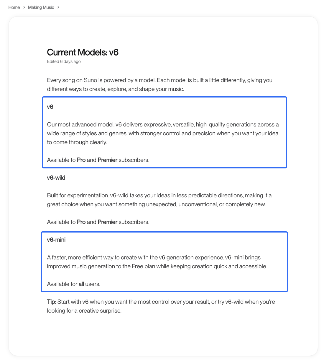 Screenshot of Suno help center explaining suno v6 vs v6 mini models, including v6-wild and their availability.