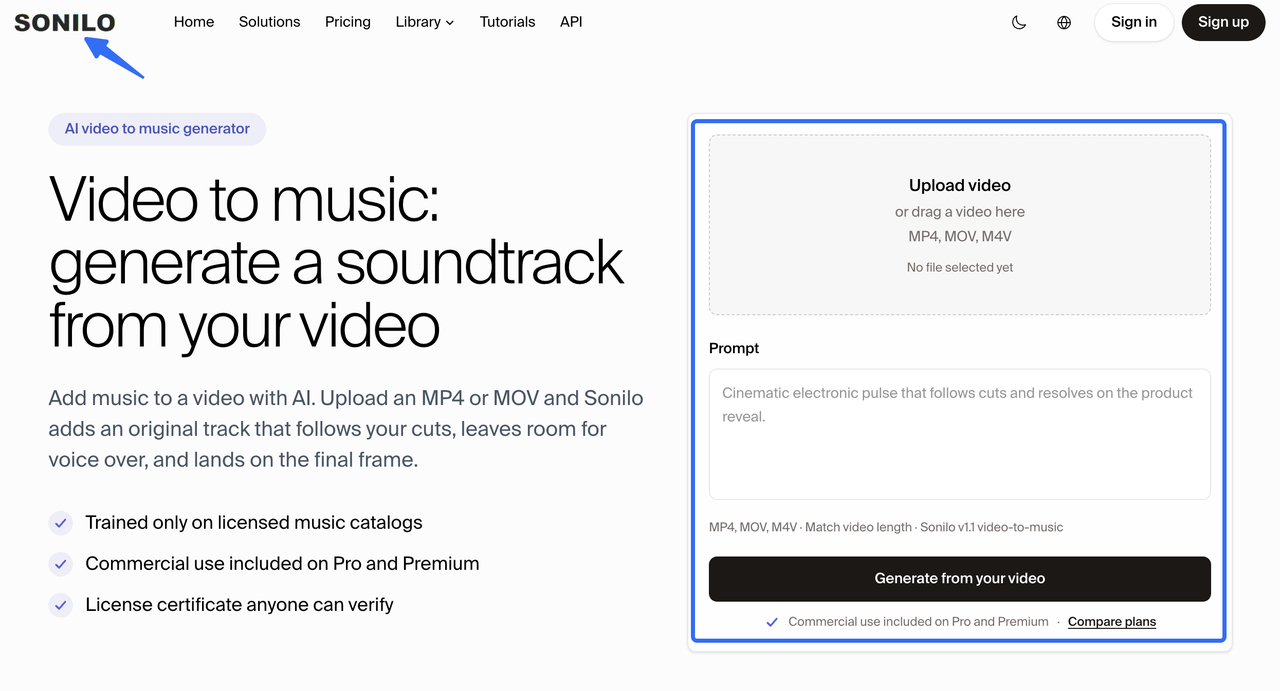 Sonilo video to music tool interface, serving as an alternative to the Remusic AI music generator for video soundtracks.