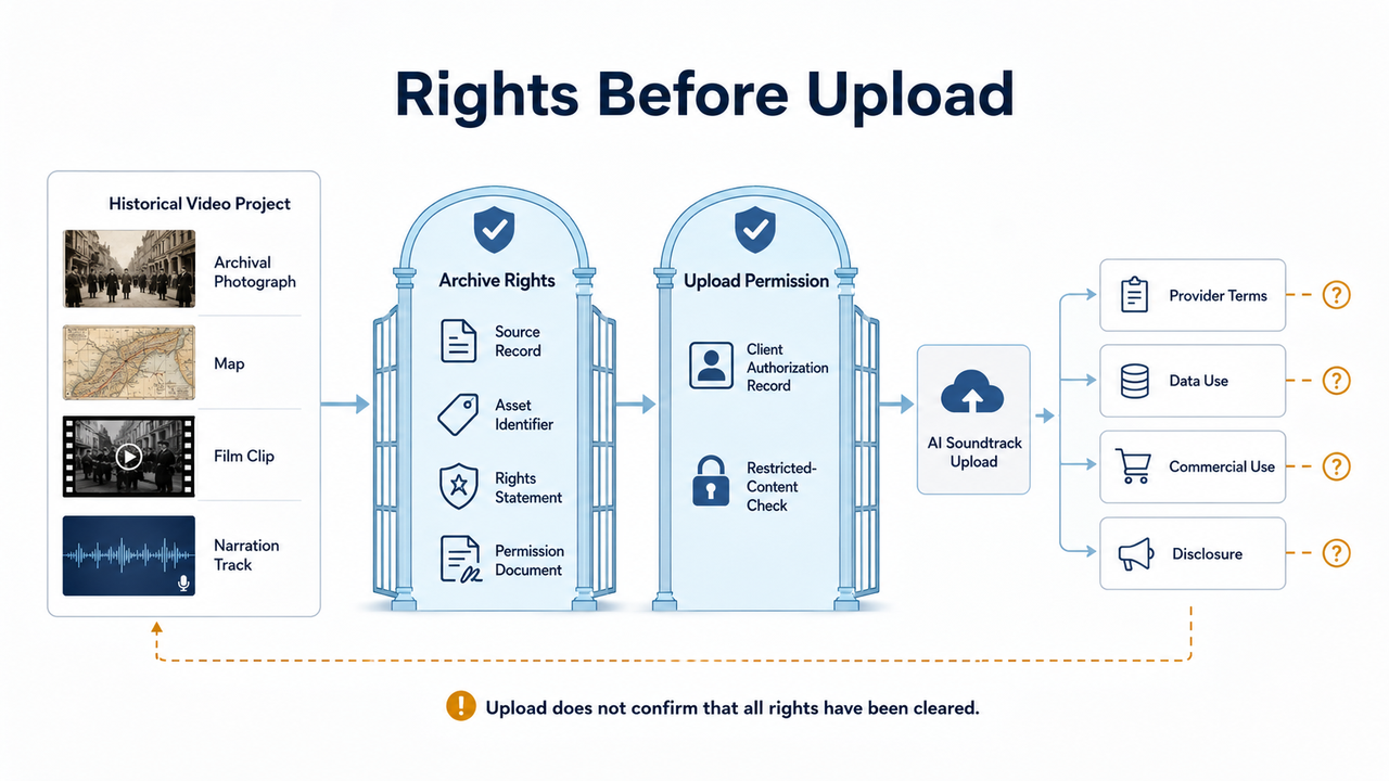Workflow showing how to clear archive rights and upload permissions before using good music for history videos safely.