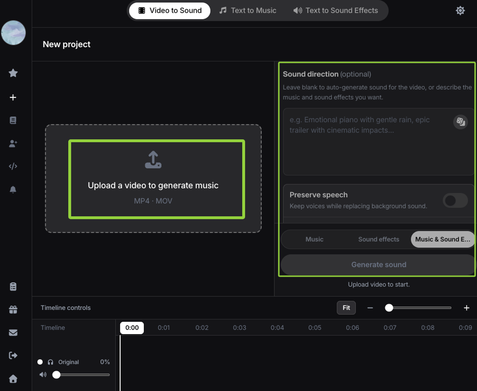 Software interface for generating good music for history videos using text prompts and preserving the original speech.