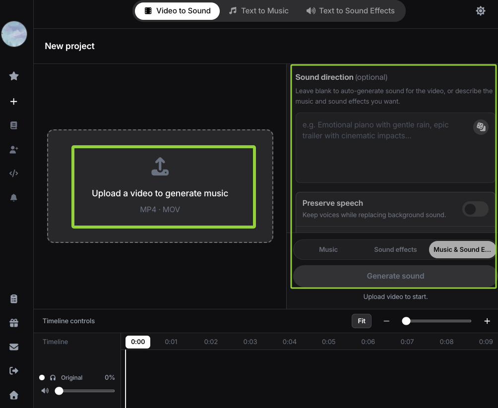 Software interface for generating good music for history videos using text prompts and preserving the original speech.