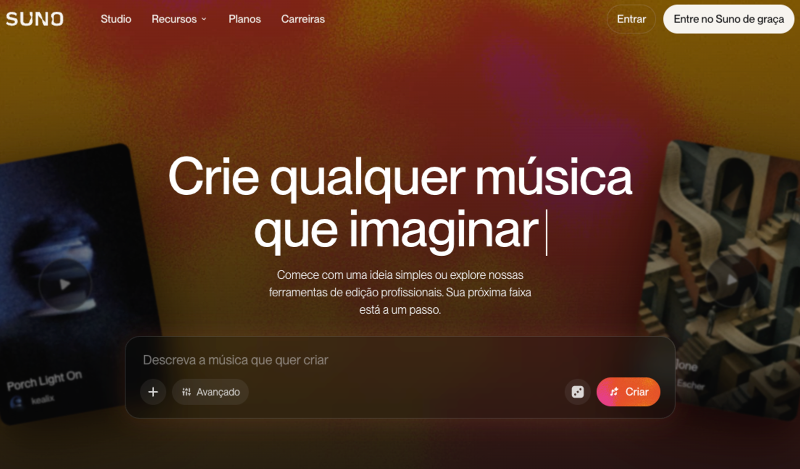Conheça a página inicial do Suno para explorar os planos Suno e uso comercial de música.