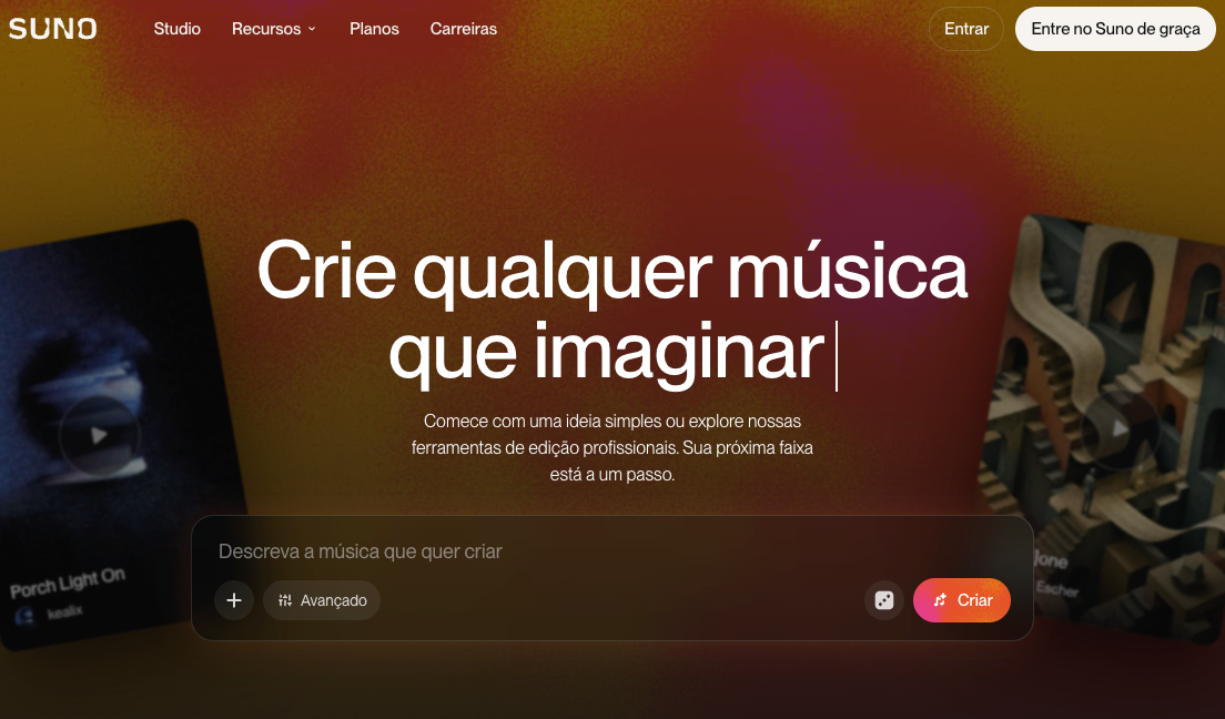 Conheça a página inicial do Suno para explorar os planos Suno e uso comercial de música.