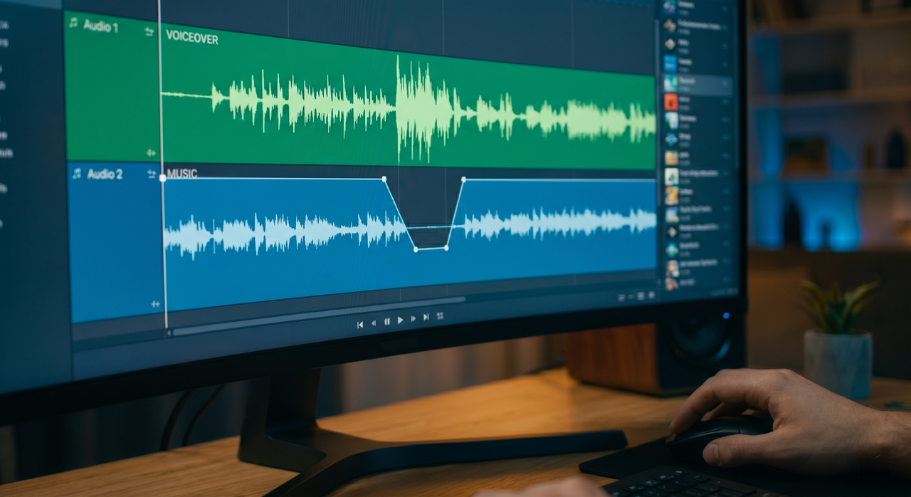 A professional editor demonstrating how to add background music to video projects.