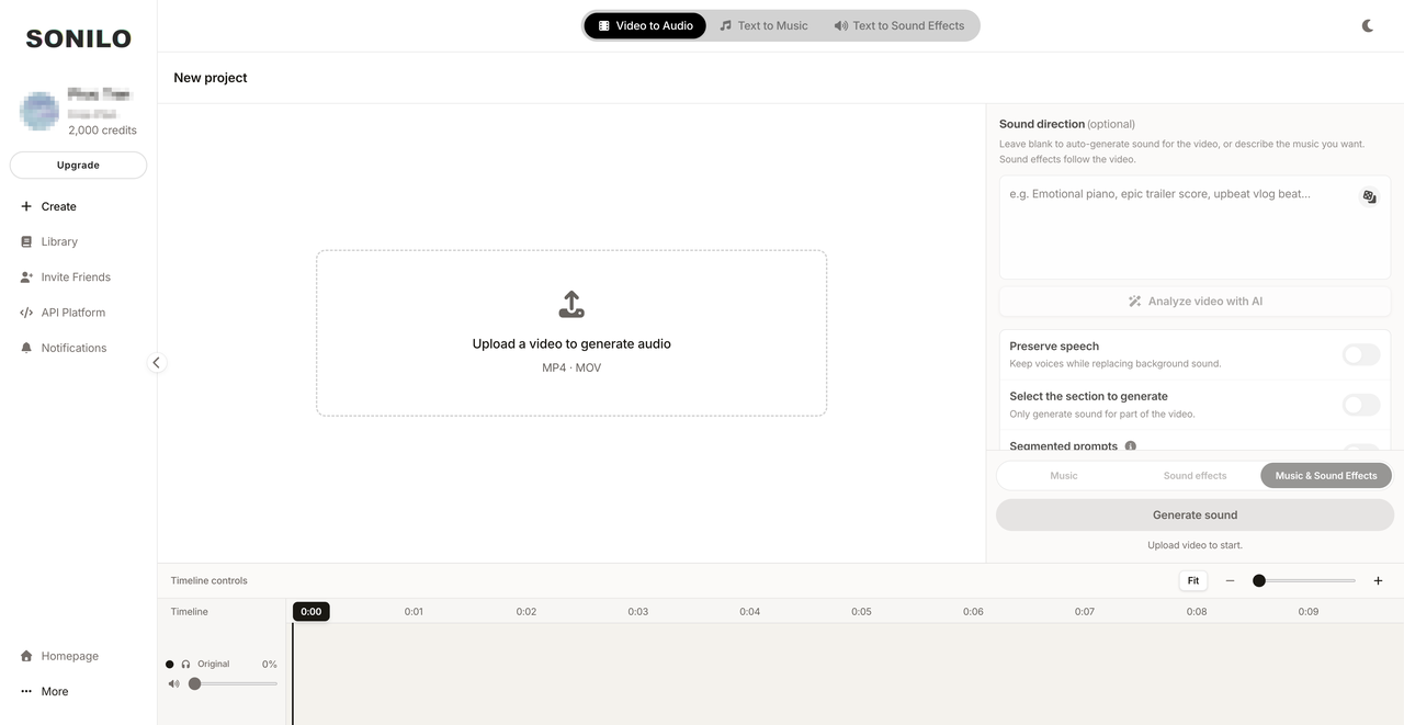 Sonilo video to audio generation dashboard, serving as one of the new artlist alternatives.