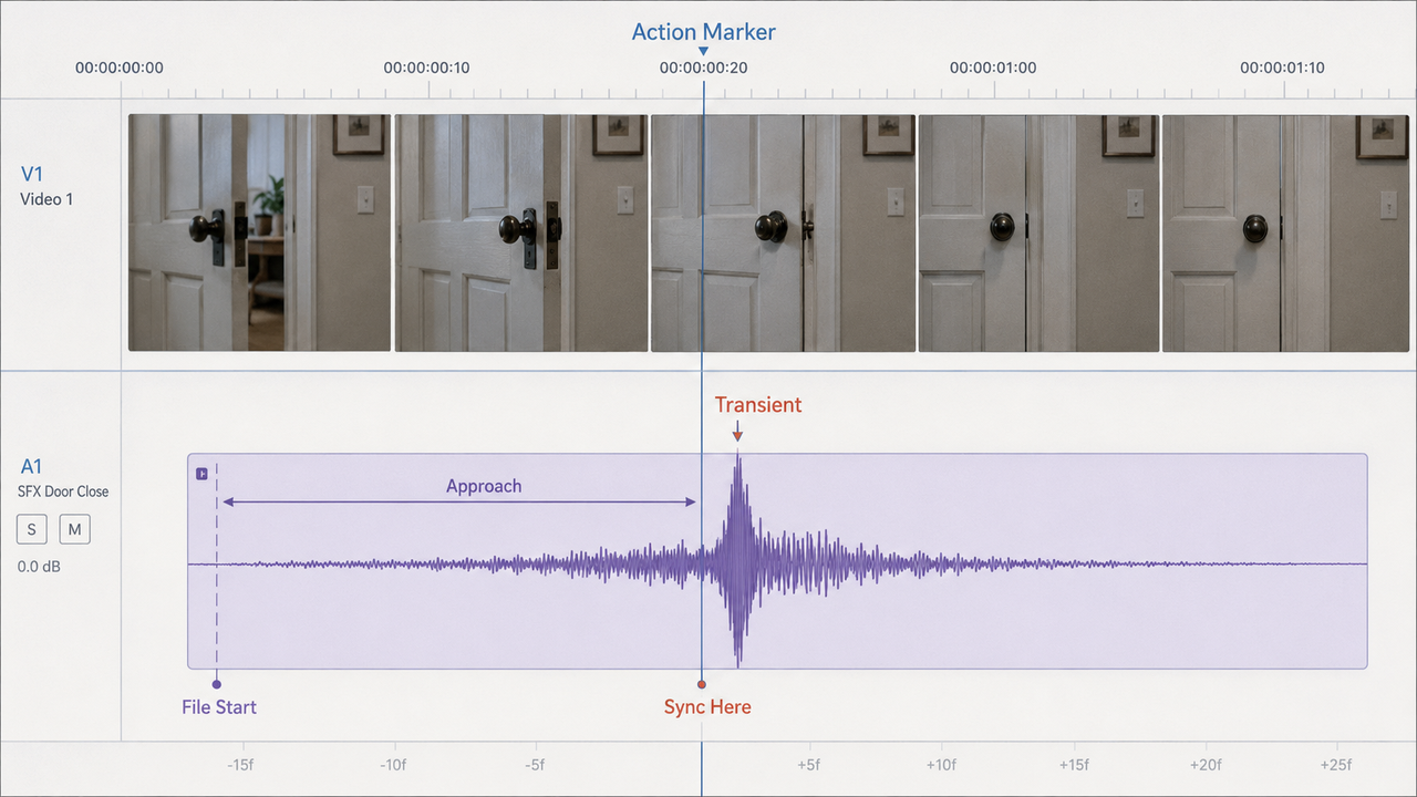 Detailed timeline view showing precise audio sync of a door closing sound using key markers.