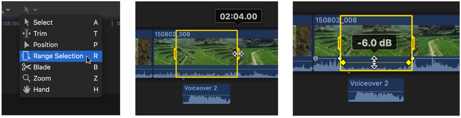 Ferramenta de seleção ajustando os decibéis da música de fundo para vlog durante uma fala.