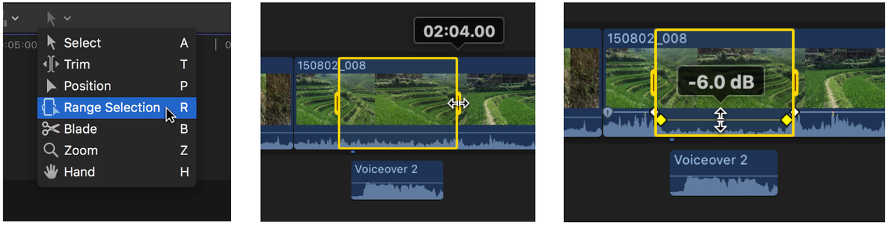 Ferramenta de seleção ajustando os decibéis da música de fundo para vlog durante uma fala.