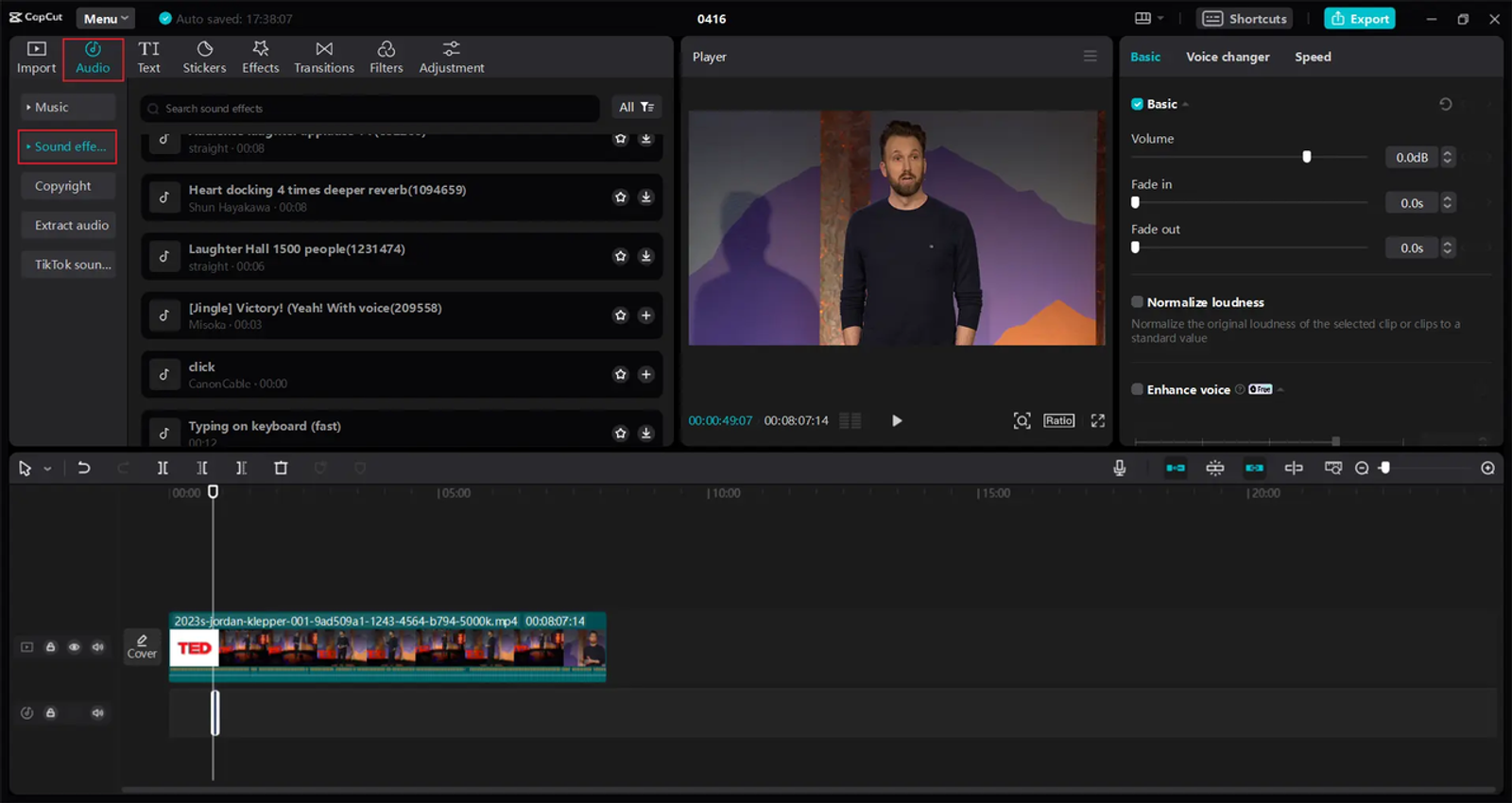 CapCut video editing software screen. Audio tab is active, showing sound effects. Part of the process for how to add sound effects on capcut.