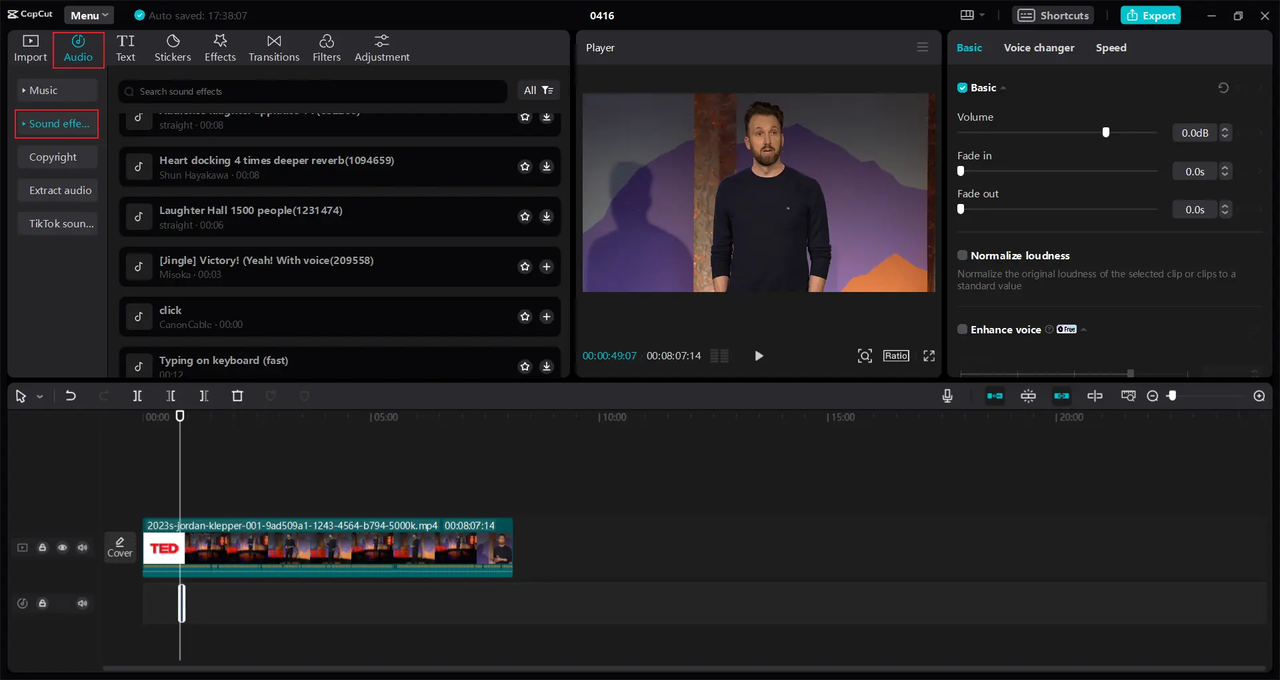 CapCut video editing software screen. Audio tab is active, showing sound effects. Part of the process for how to add sound effects on capcut.