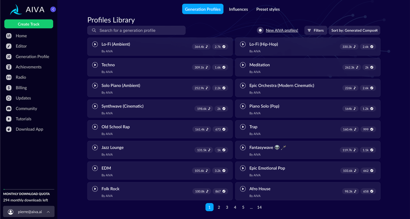 AIVA generation profile dashboard, serving as one of the best AI music generators for games available online.