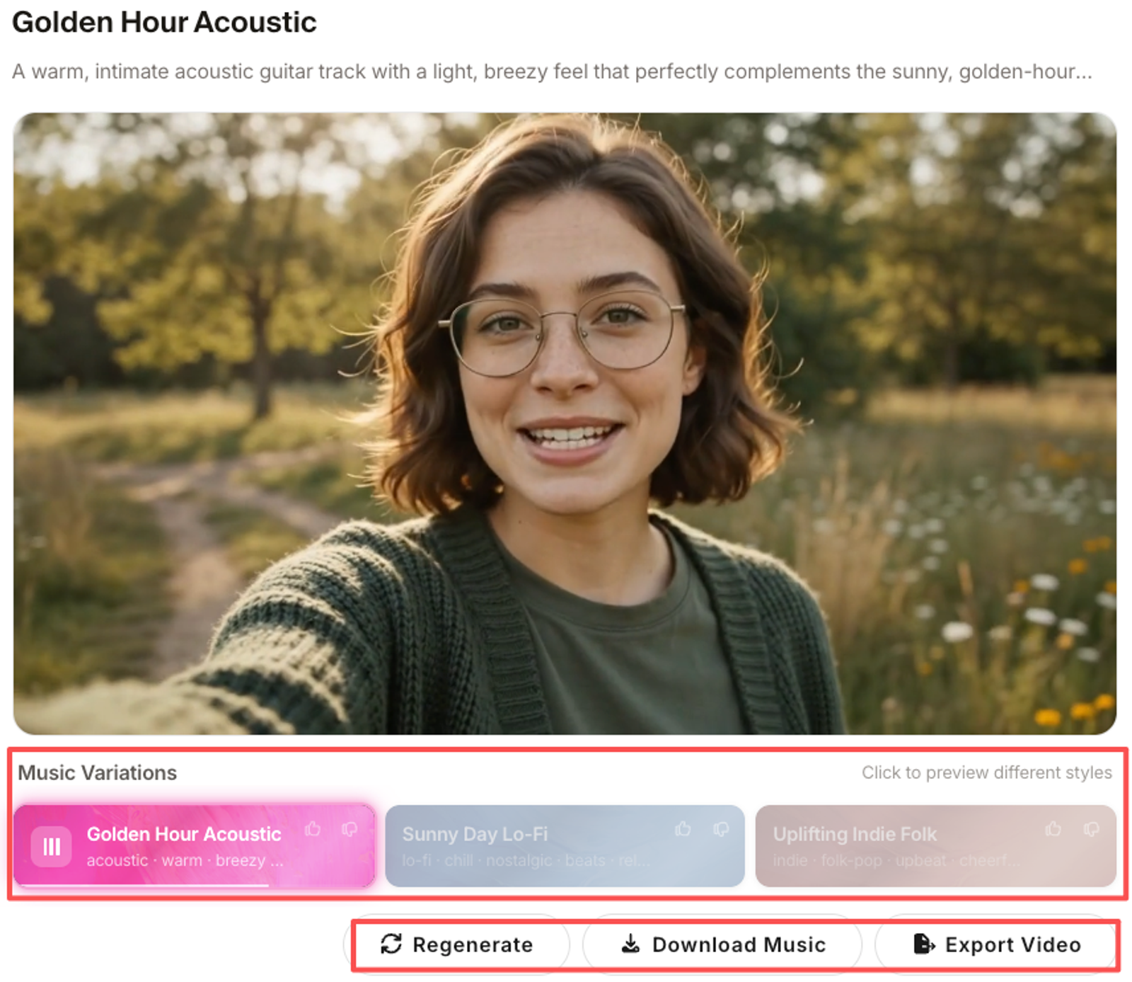 Preview of Golden Hour Acoustic track for video. Learn how to add music to my video with AI-generated variations including Sunny Day Lo-Fi and Indie Folk.