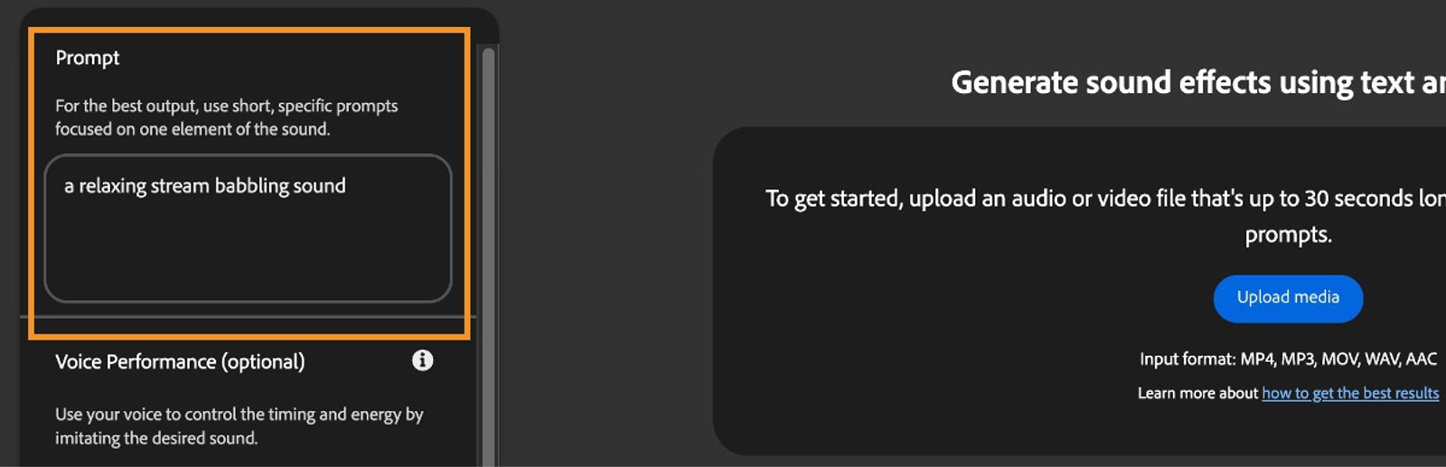Typing a text prompt to create custom adobe ai sound effects like a relaxing stream babbling.
