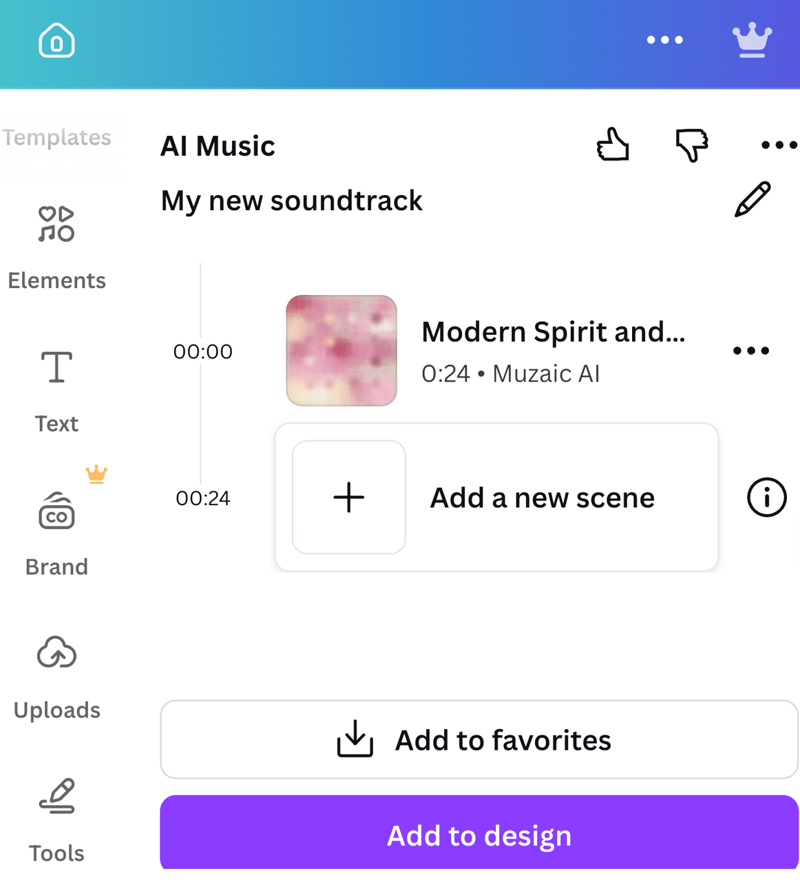 Viewing a generated soundtrack ready to add to design using the Canva AI music generator.