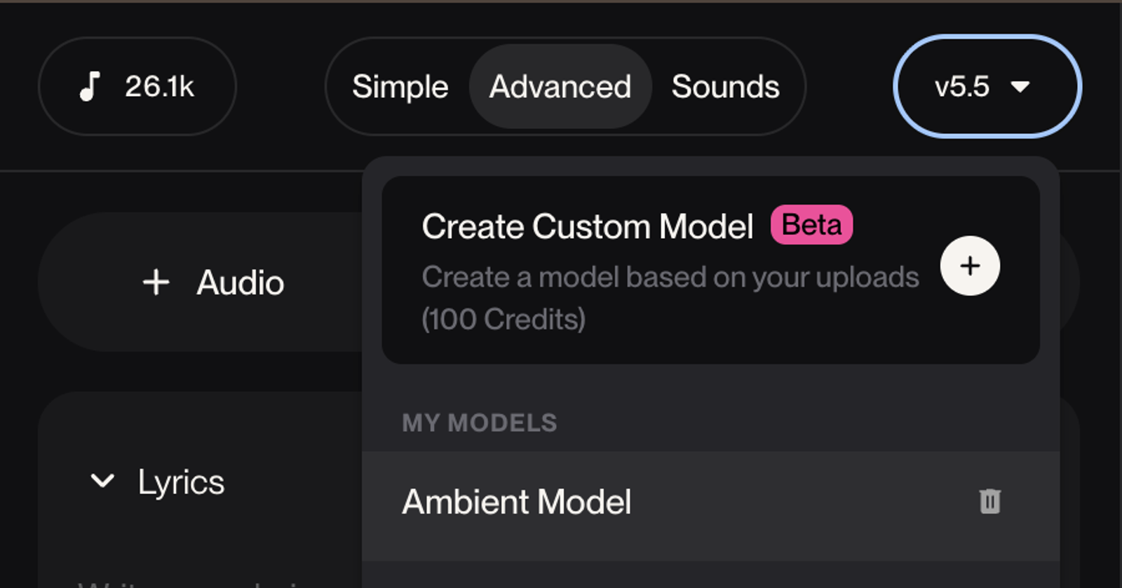 Interface do Suno exibindo a opção de criar Modelos Personalizados do Suno v5.5 a partir de uploads de áudio.