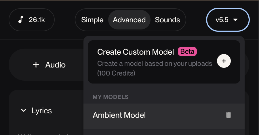 Interface do Suno exibindo a opção de criar Modelos Personalizados do Suno v5.5 a partir de uploads de áudio.