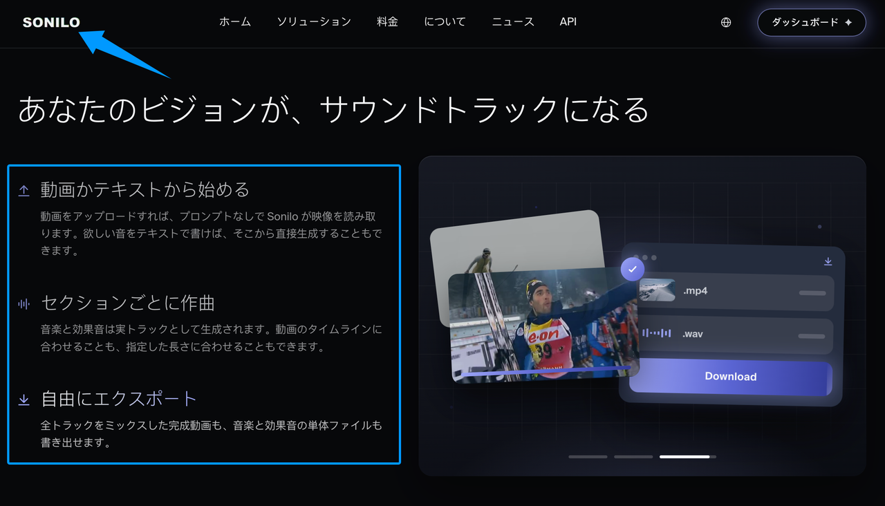 Suno v5.5の強力な代替ツールとして注目される「Sonilo」の公式サイト画面です。動画やテキストから直接サウンドトラックを生成し、セクションごとの作曲や自由なエクスポートが可能など、Suno v5.5にはない映像クリエイター向けの機能が特徴です。
