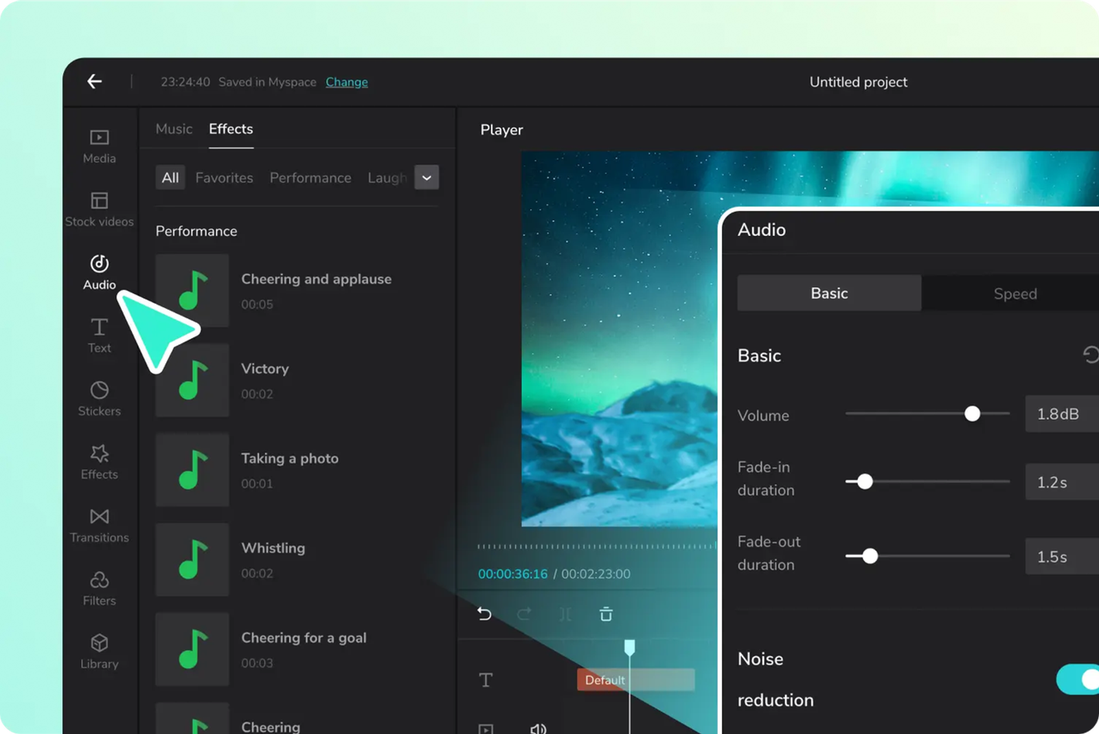 A user interface of a sound effects app showing a cursor selecting audio effects and volume controls.
