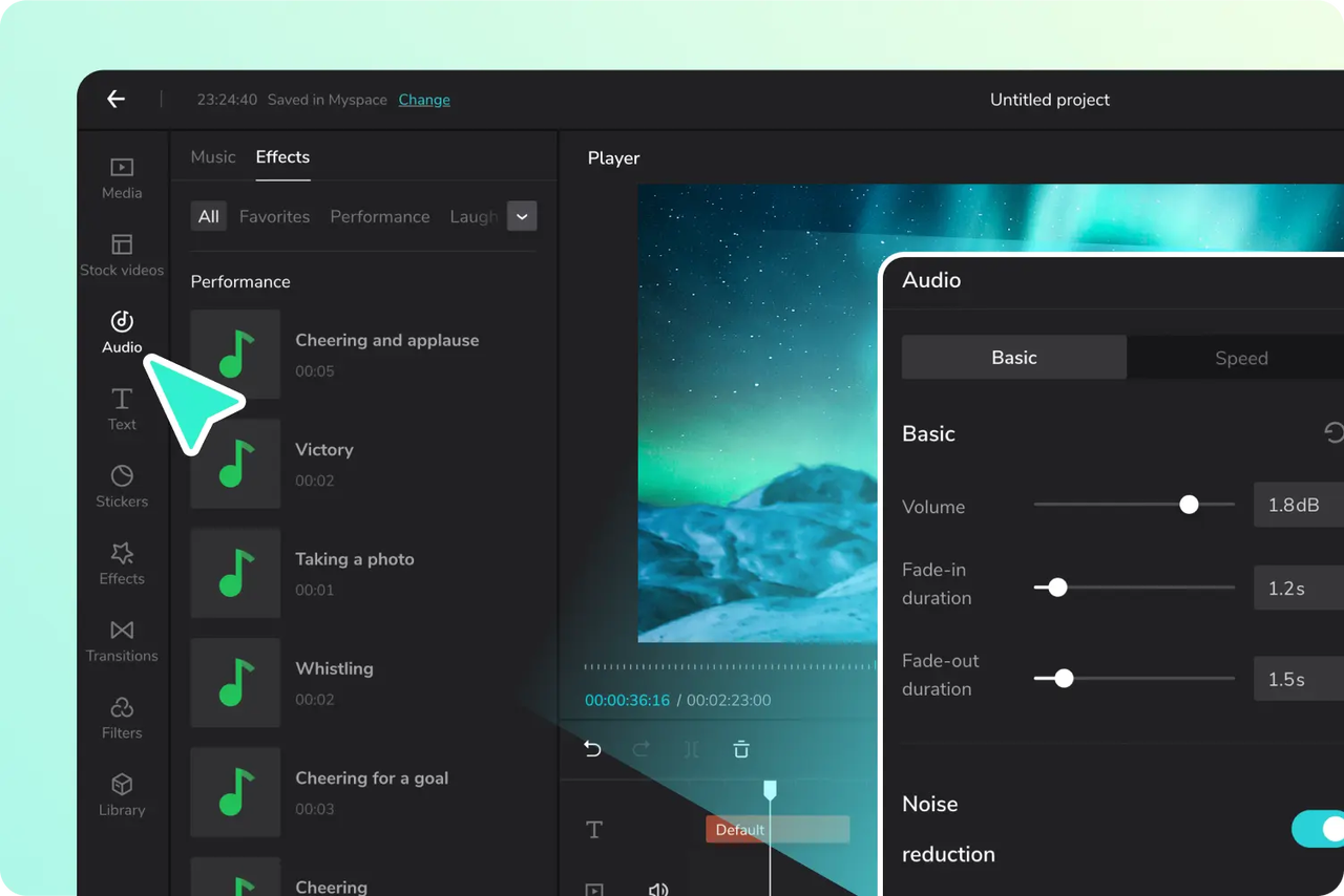 A user interface of a sound effects app showing a cursor selecting audio effects and volume controls.