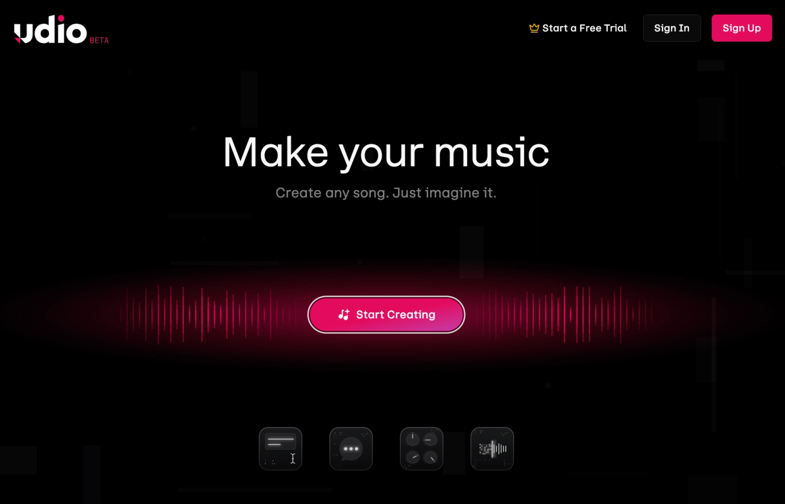 Udio AI music beta homepage displaying the start creating button, essential for our ultimate suno vs udio platform review.