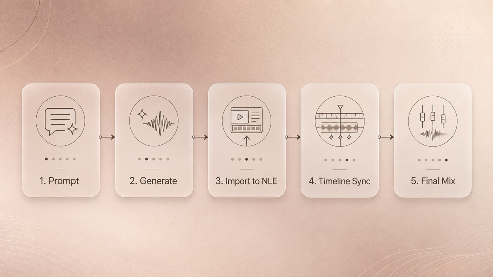 Step-by-step workflow infographic outlining 5 phases: 1. Prompt, 2. Generate, 3. Import to NLE, 4. Timeline Sync, and 5. Final Mix.