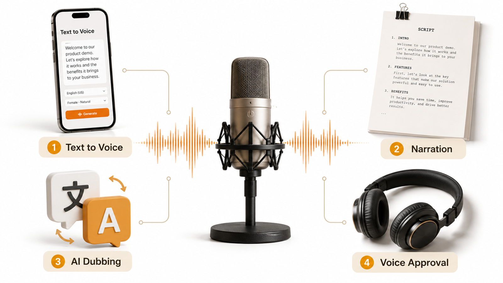 A four-step ViiTorVoice process diagram showing text to voice, narration, AI dubbing, and voice approval.