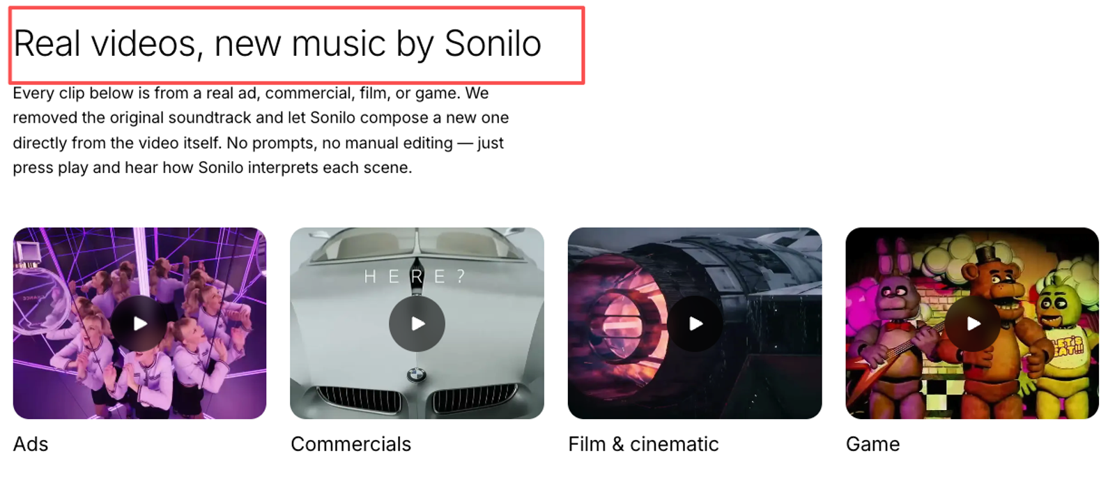 Watch real examples of Video-to-music AI replacing original soundtracks in ads, commercials, films, and video game footage.