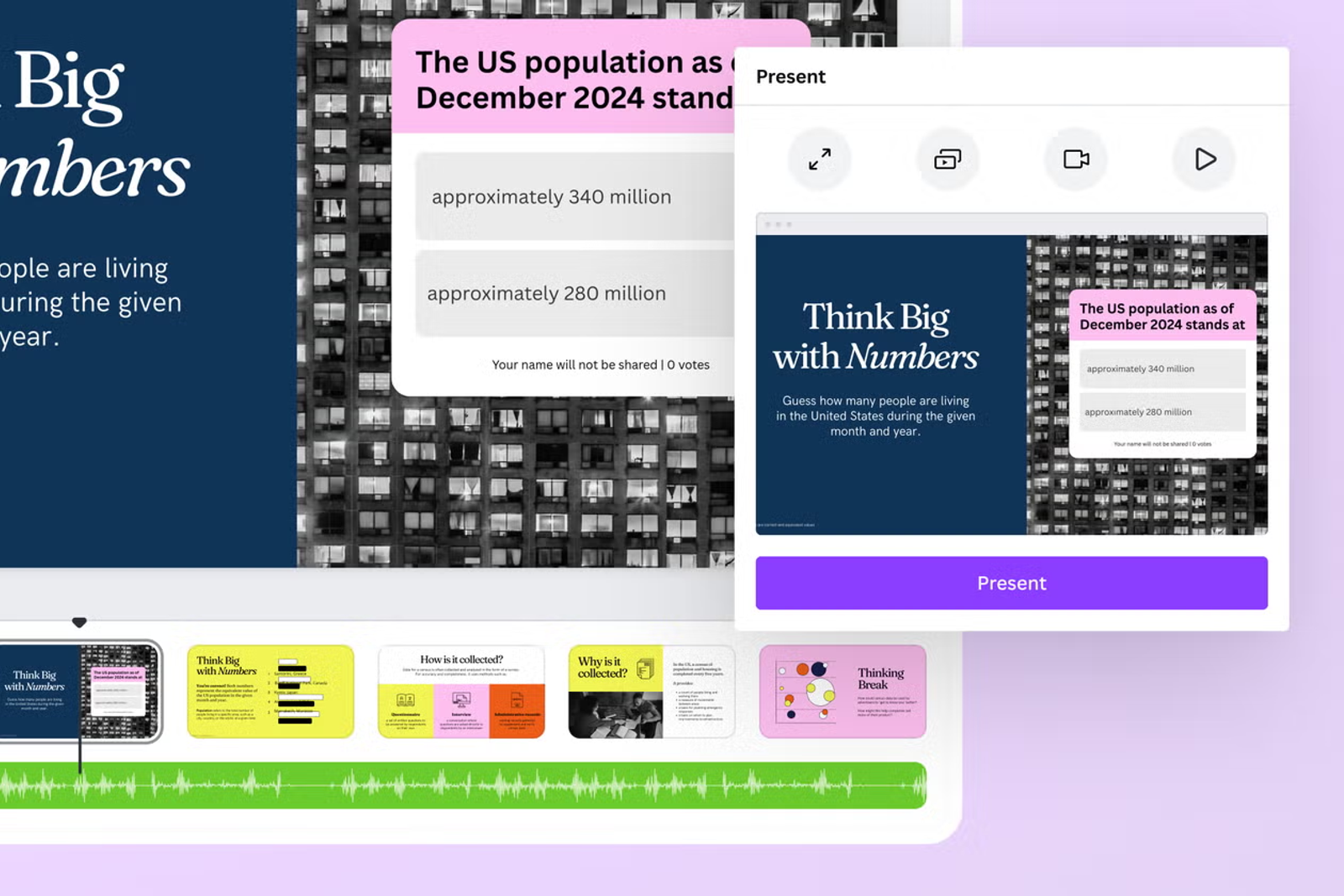 Audio waveform timeline applied to a presentation slide deck via Canva AI music generator.