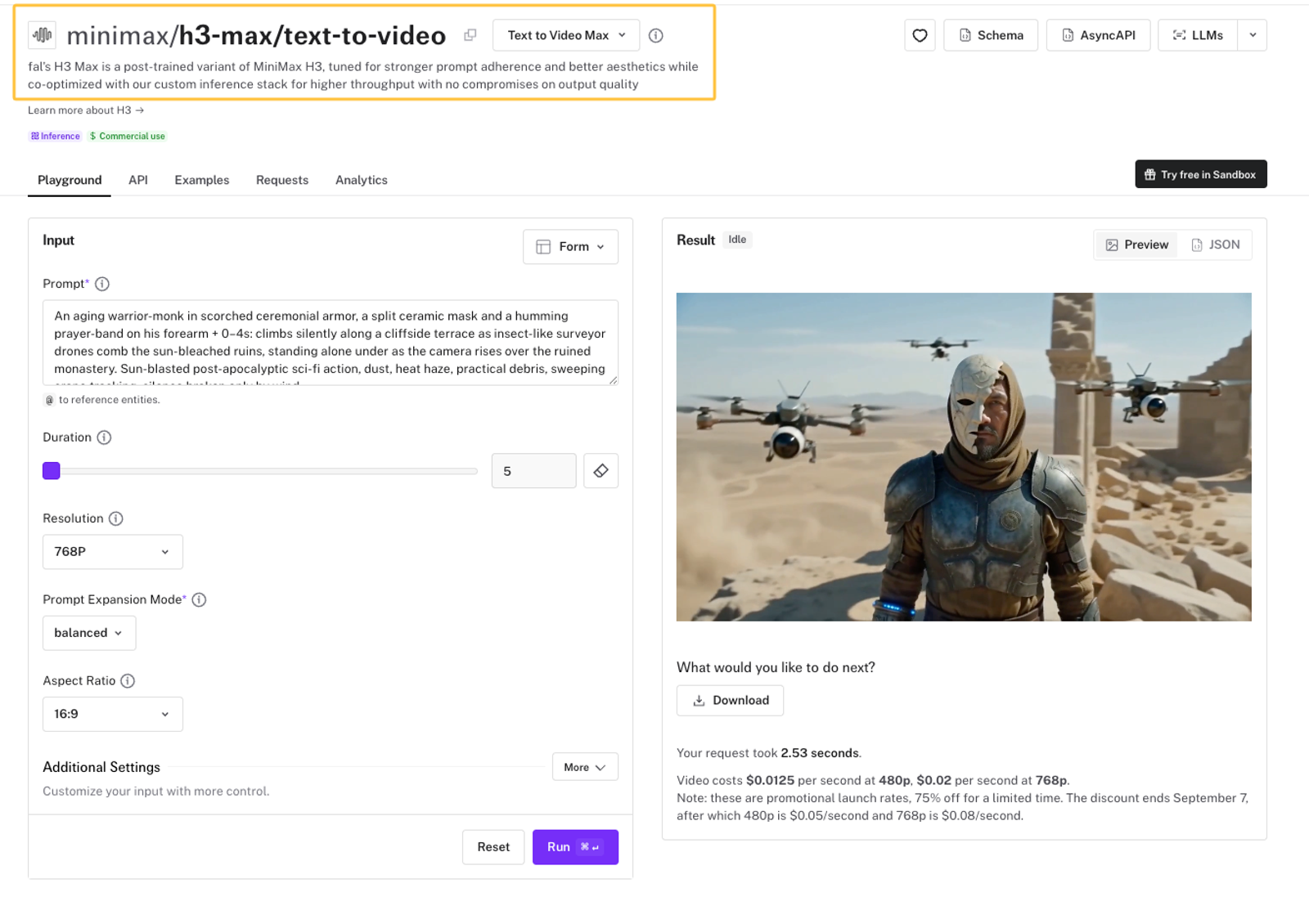 The fal.ai interface demonstrating text-to-video generation capabilities including H3 Max native audio support.