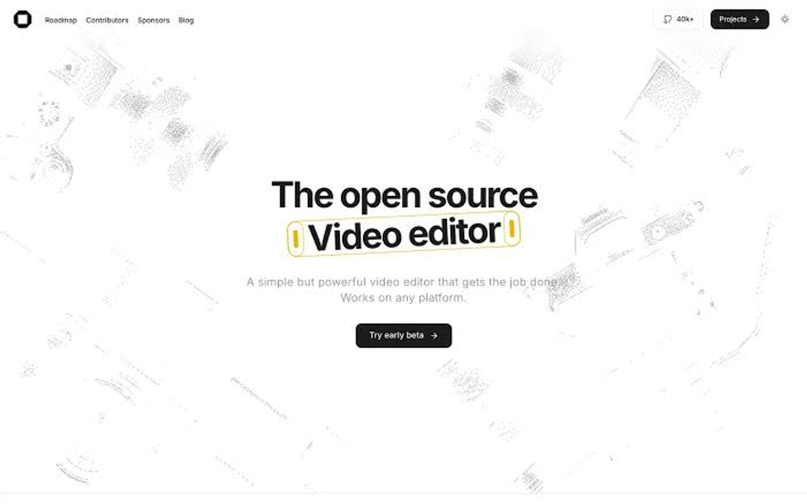 Homepage of the OpenCut open source video editor with an early beta call-to-action for OpenCut music.