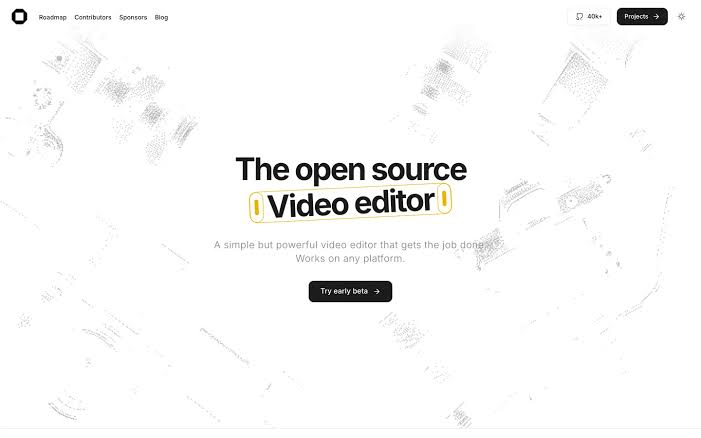 Homepage of the OpenCut open source video editor with an early beta call-to-action for OpenCut music.